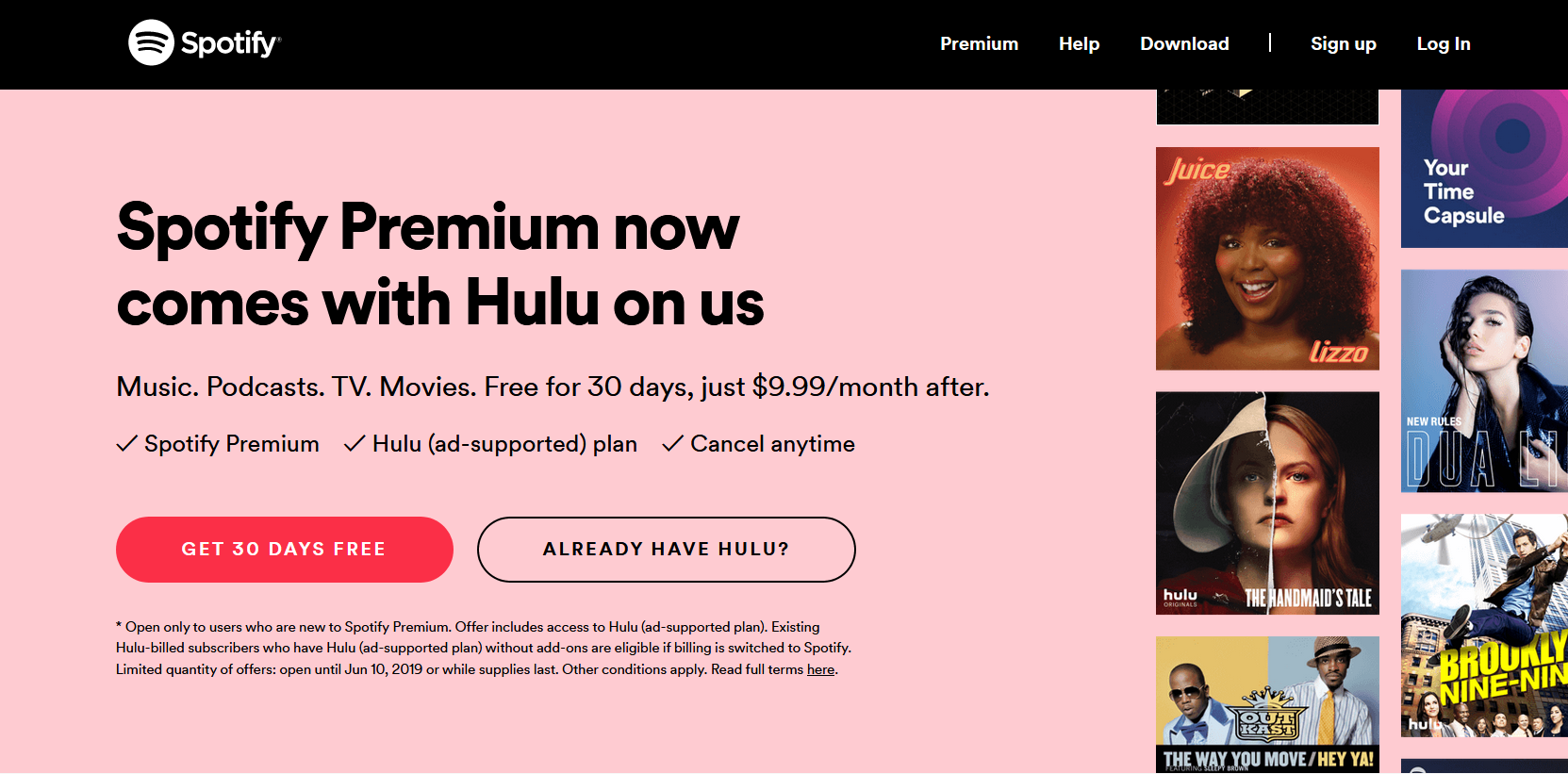 A screenshot of the promotion Spotify is running that gives new customers access to Hulu for free